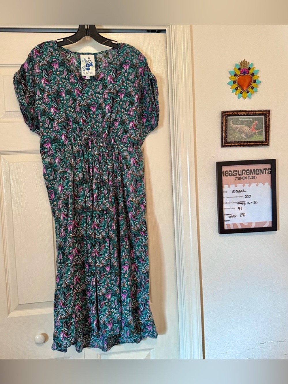 Cake Clothing Dress Cougar Print 100% Cotton Size Small Green Pink Lightweight